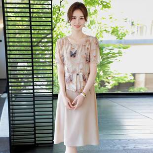 专柜官方妈妈夏装假两件印花连衣裙2026新款中老年人女装夏季气质
