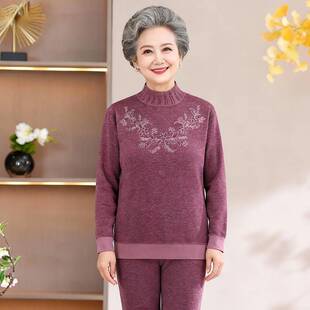 专柜品牌妈妈打底衫加绒加厚半高领套装中老年女装秋冬新款奶奶装