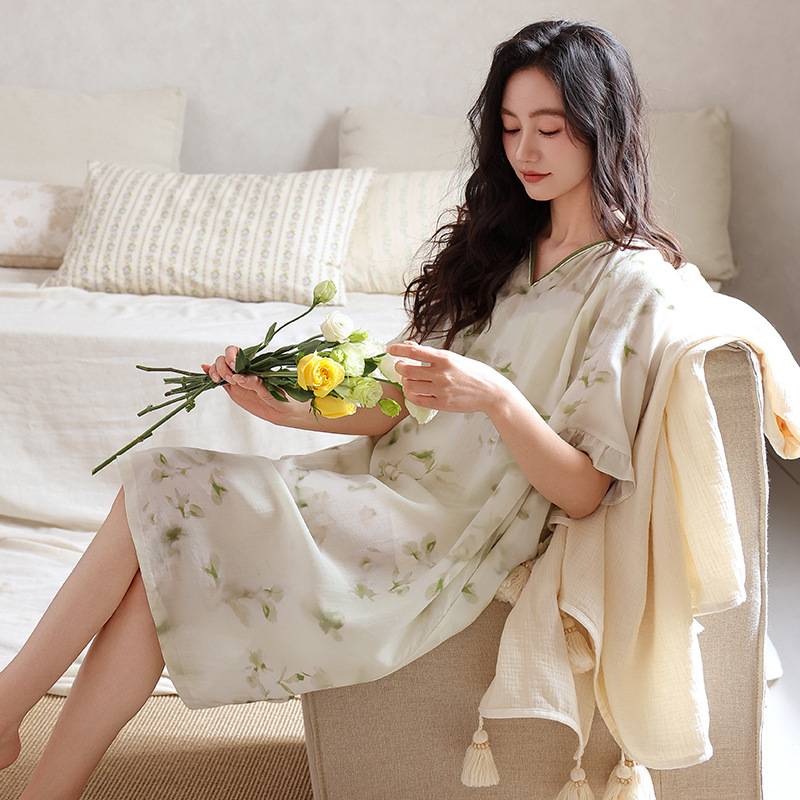 专柜官方睡裙女夏季天丝莱赛尔睡衣短袖夏天薄款中年妈妈凉感家居