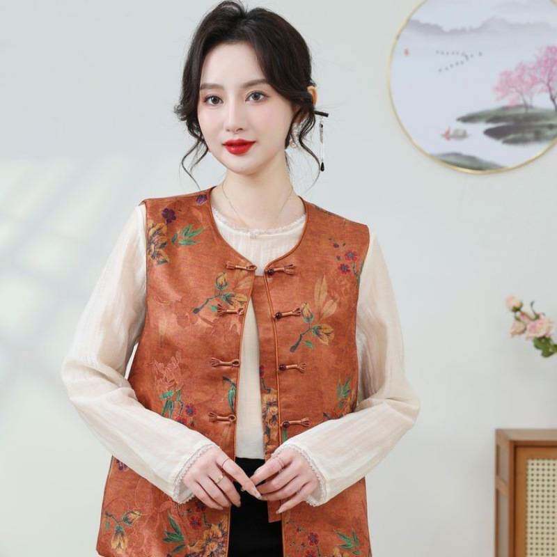 专柜品牌妈妈复古国风盘扣精致提花新中式马甲春季款无袖坎肩立领