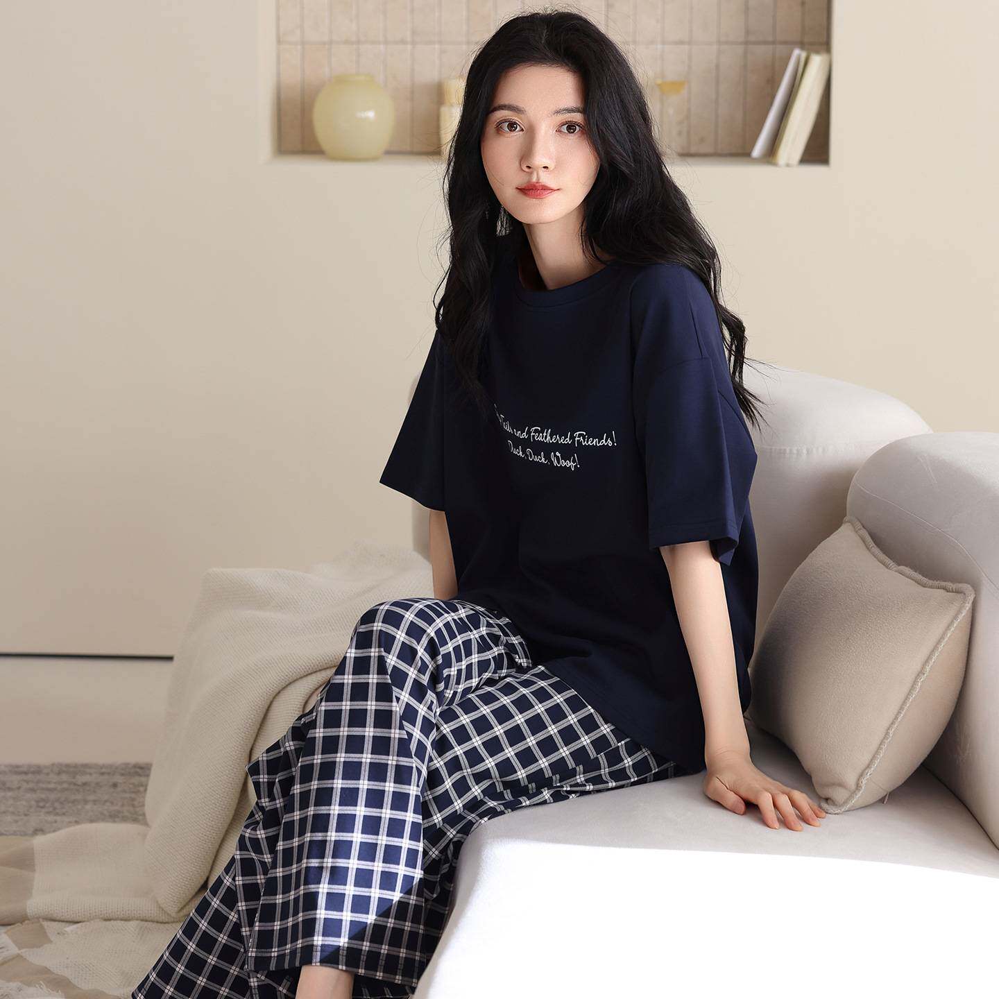 专柜官方纯棉睡衣女2026新款春夏季短袖长裤卡通全棉休闲可外穿家