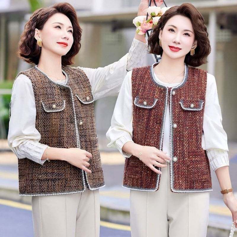 专柜品牌中老年女装大码宽松气质上衣马夹背心妈妈春秋薄款小香风