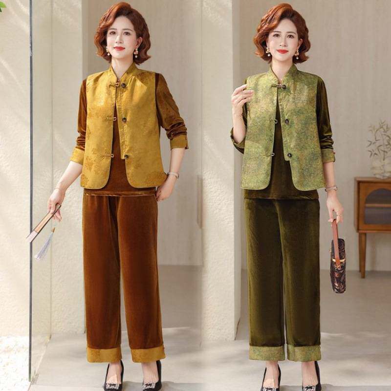 专柜品牌新中式妈妈春装中国风马甲背心中老年女装春秋金丝绒套装