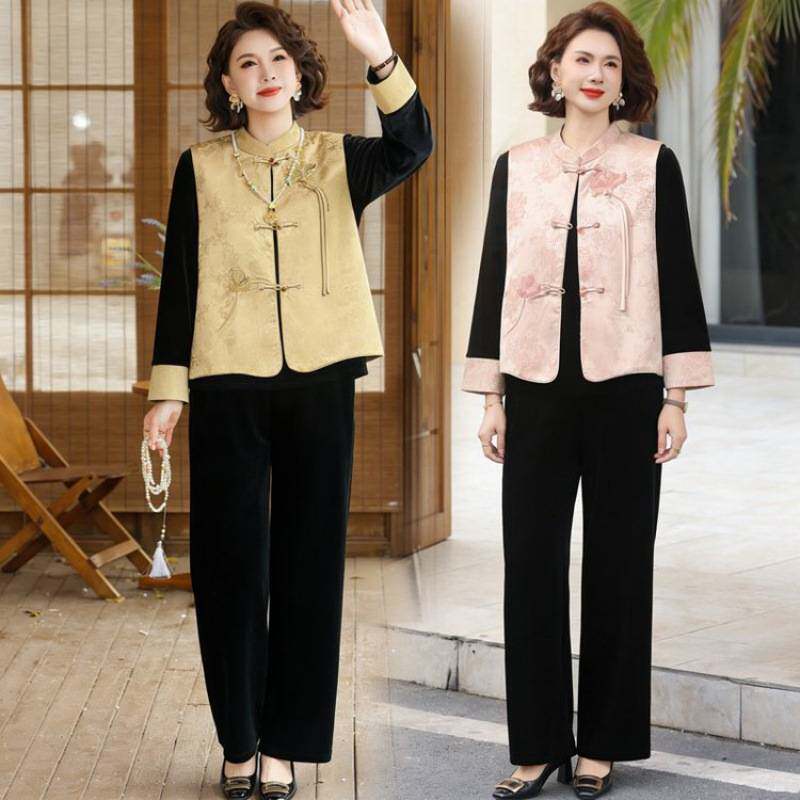 专柜品牌新中式妈妈春装金丝绒套装中老年人春秋刺绣马甲上衣三件