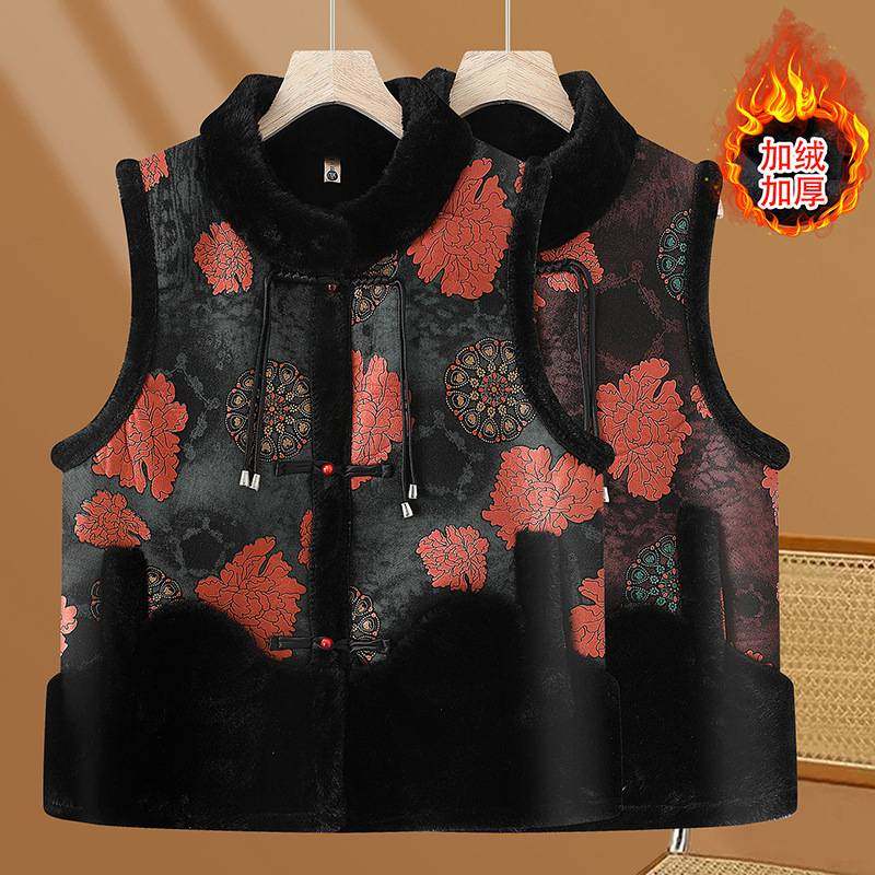 专柜品牌奶奶冬装中国风加绒加厚坎肩马甲妈妈新款背心上衣老年人