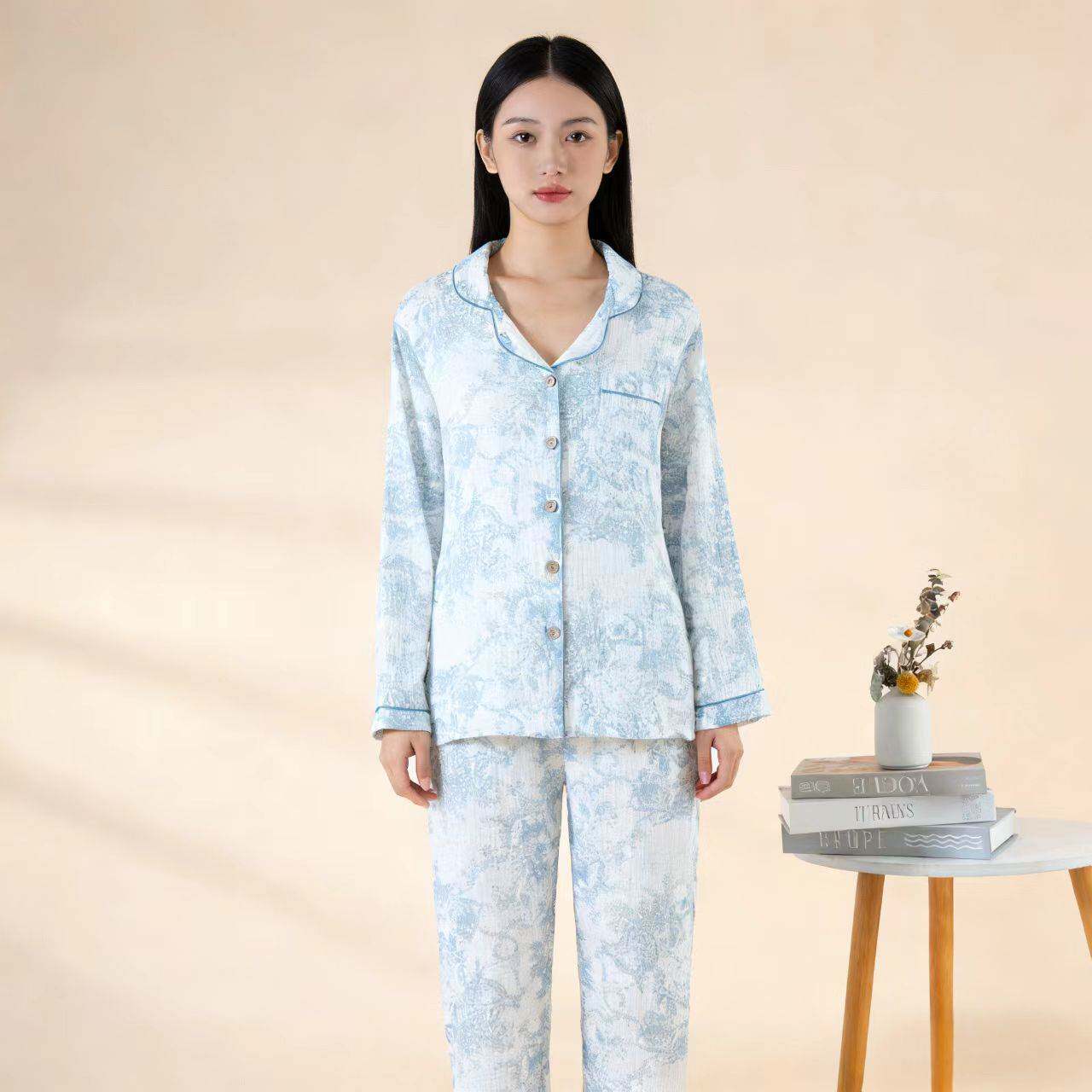 专柜品牌新款睡衣女士绉布纯棉双层纱印花小翻领长袖长裤套装宽松