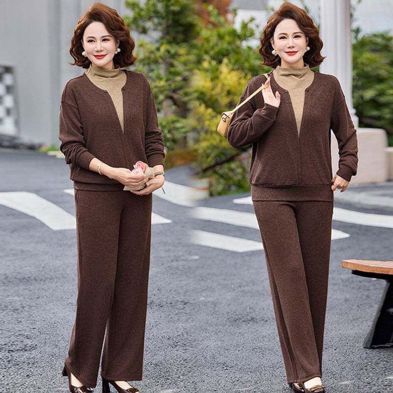 专柜品牌妈妈春装套装洋气中老年女装春夏高领针织两件套阔太太上