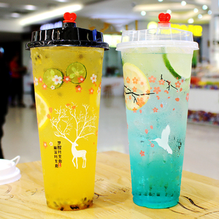 加厚一次性奶茶杯子带盖 700ml商用果汁杯透明塑料奶茶杯定制 500
