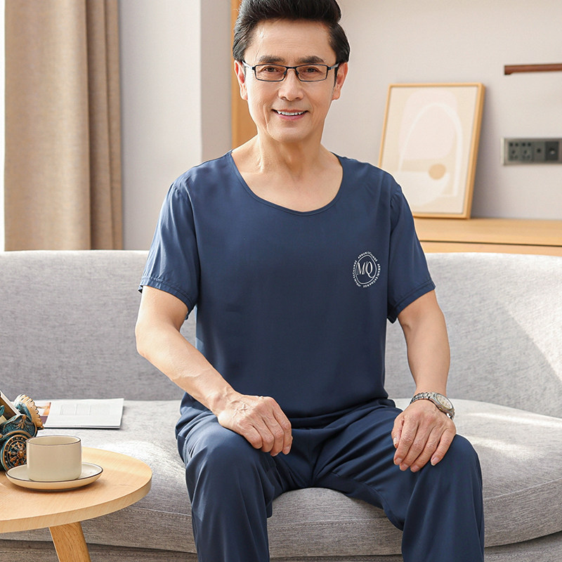 棉绸睡衣男士夏季短袖长裤纯棉中老年人爸爸薄款冰丝莫代尔家居服