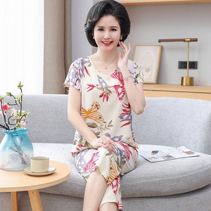 棉绸睡衣女夏季短袖可外穿中年中老年人妈妈纯棉七分裤家居服套装