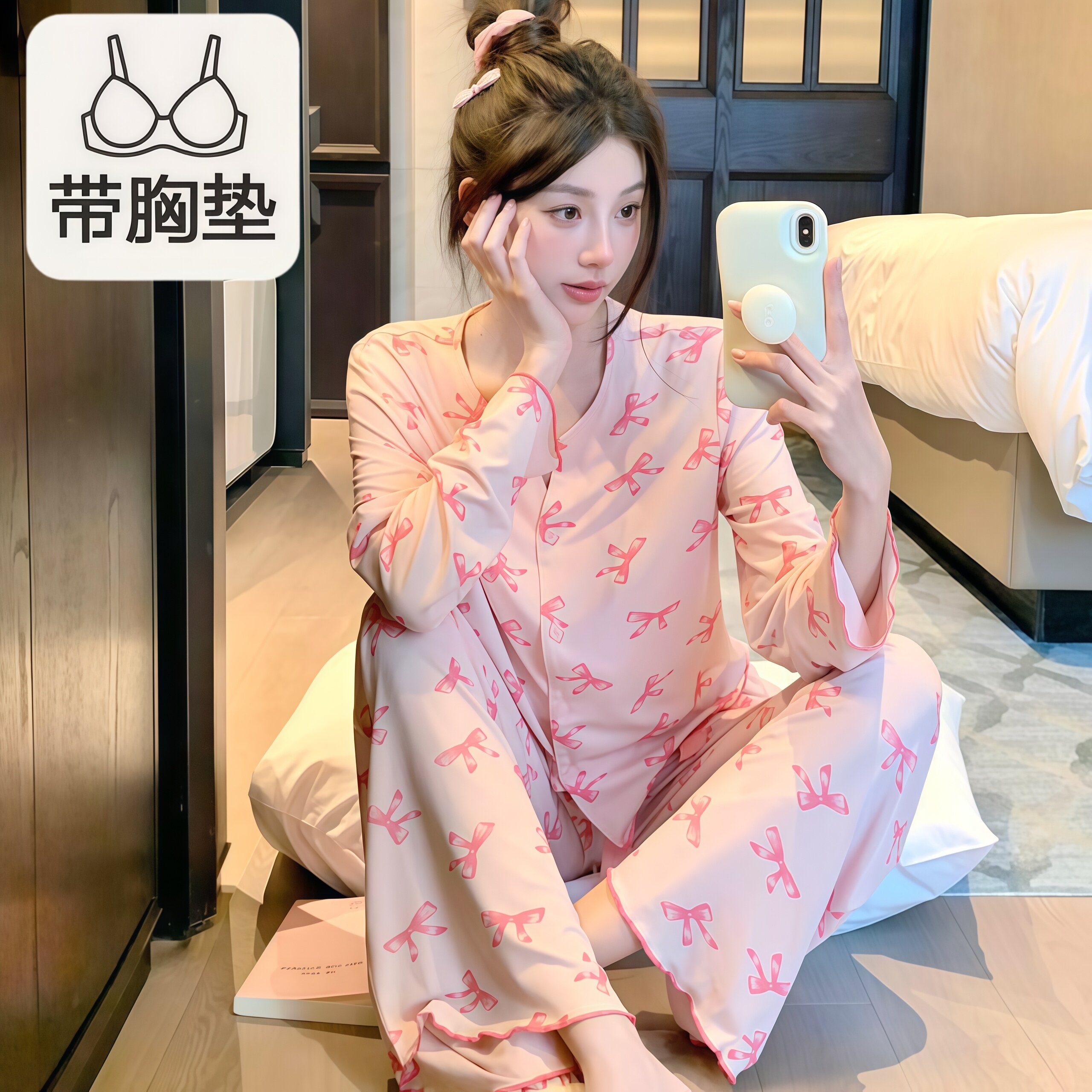带胸垫防凸点睡衣女长袖长裤套装