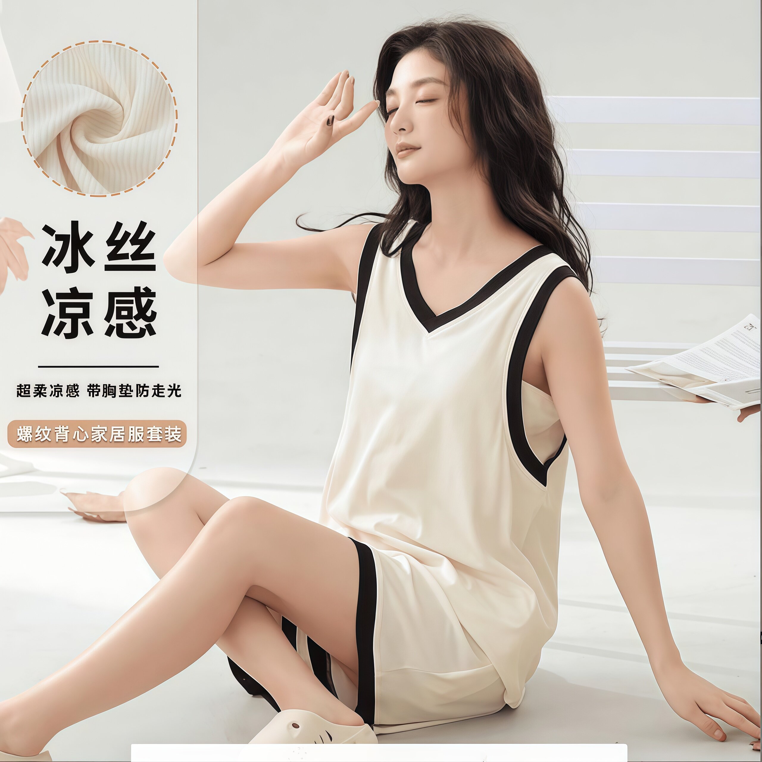 2026新款睡衣女士夏季带胸垫背心短裤薄款螺纹冰丝无袖套装家居服