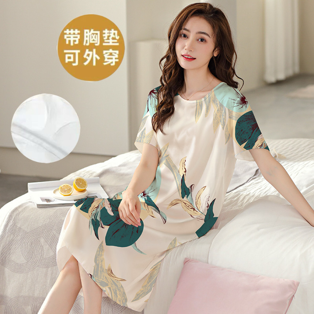 高档丝绸睡裙女带胸垫一体夏季短袖大码冰丝长裙中年妈妈真丝睡裙