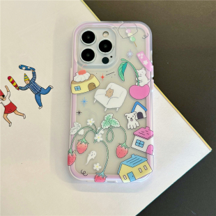 新款 14Promax手机壳iPhone13保护套少女粉原创草莓小熊磨砂透明可爱软萌ins风学生 IMD超值二合一适用苹果15