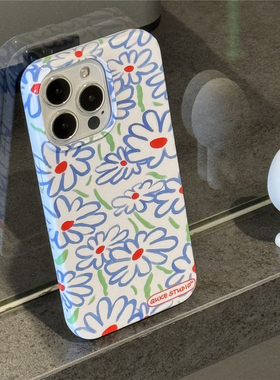 适用苹果16/华为P60/小米15/OPPO/VIVO X100全包按键菲林手机壳iPhone15/14/13/12/11Promax蓝色花朵艺术时尚