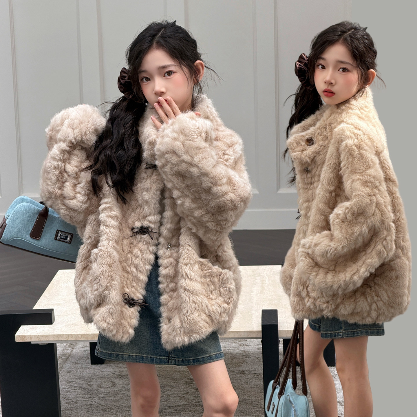 韩国童装儿童皮草仿獭兔毛皮毛一体中大童保暖大衣女童毛毛外套厚