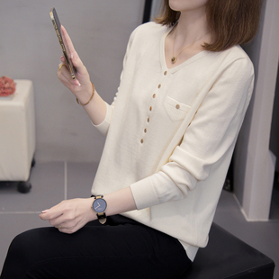 大码女装早秋V领长袖毛衣打底衫女士2025新款胖mm显瘦针织衫上衣