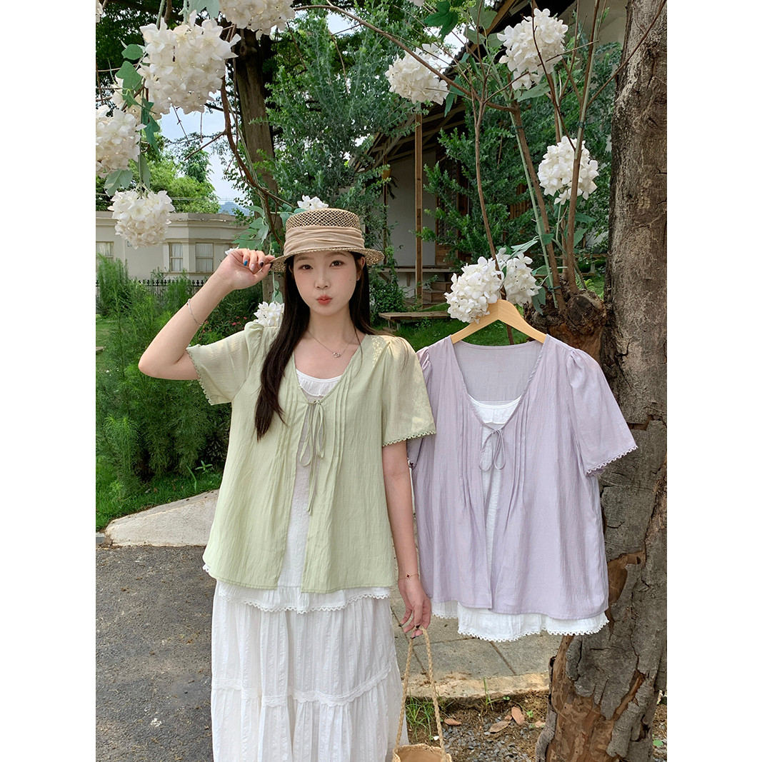 法式休闲甜美风系带假两件衬衫女夏季新款宽松显瘦短袖上衣