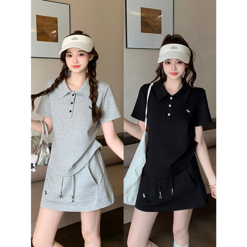 2026夏装新款显瘦胖mm大码女甜美运动风刺绣小马polo短袖短裙套装