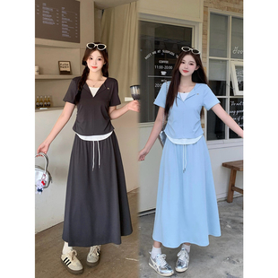 2026夏装新款胖mm大码女韩系显瘦休闲撞色拼接短袖T恤+半身裙套装