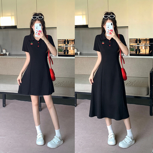 黑色学院风POLO领连衣裙女夏大码胖mm樱桃刺绣收腰显瘦减龄长短裙