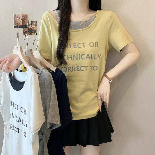 印花字母弧形收腰短袖T恤上衣女