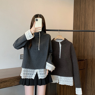 微胖2025冬装新款胖mm大码女韩系立领拼接蕾丝花边时尚毛呢上衣