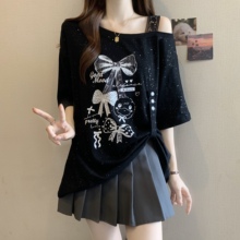 大码遮肚子美式印花短袖T恤打底衫女夏季胖妹妹宽松显瘦露肩上衣