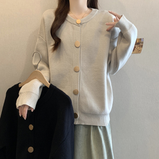 慵懒风圆领单排扣毛衣外套女秋季大码胖妹妹百搭时尚宽松针织开衫