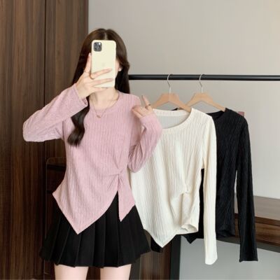 设计感独特不规则长袖针织衫女秋季2025新款大码胖MM收腰打底上衣