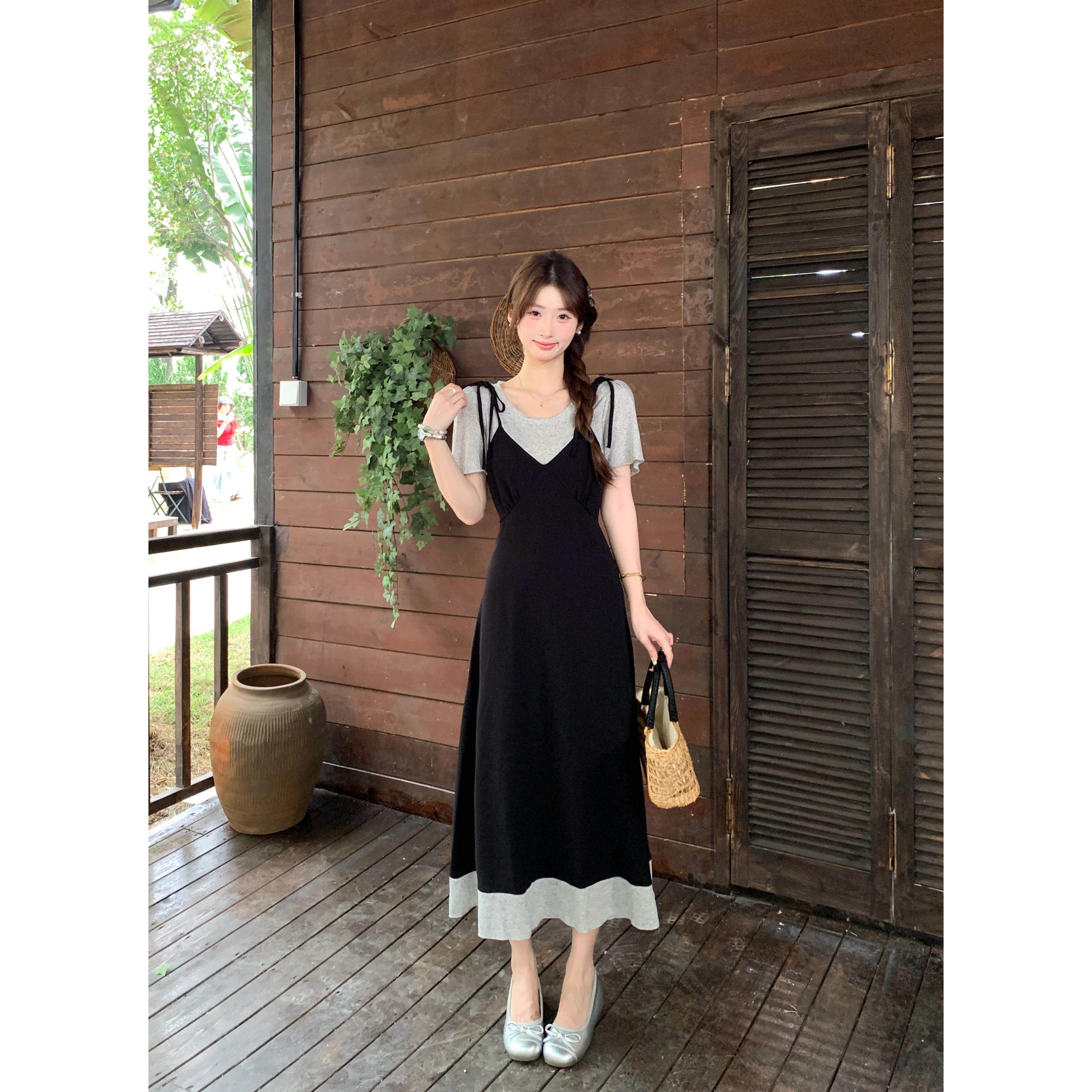 假两件背带连衣裙女夏装新款大码胖mm显瘦遮肉掐腰减龄法式长裙子