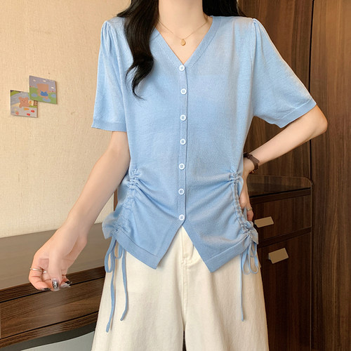 洋气炸街V领正肩冰丝针织衫