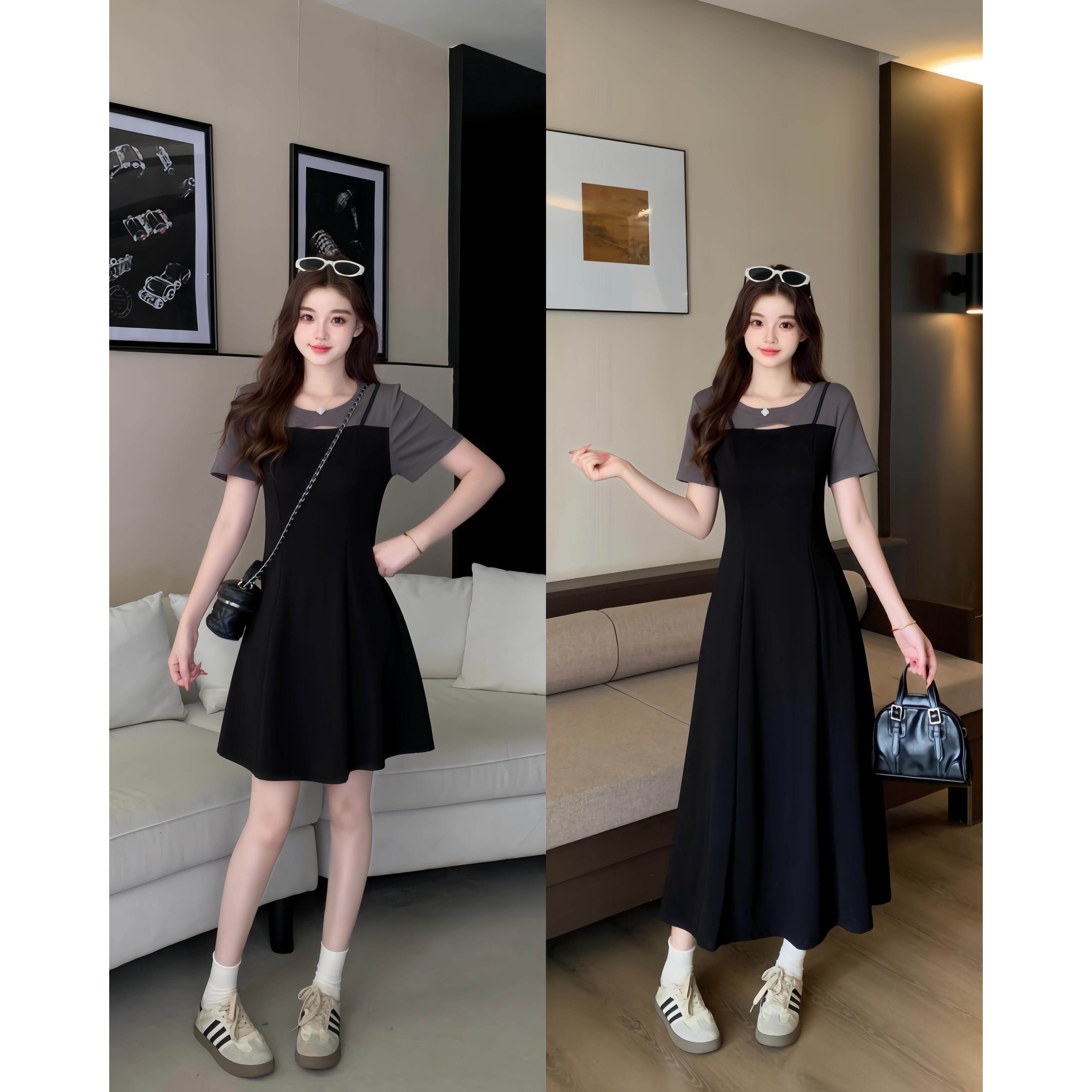 微胖2026夏季新款胖mm女拼接假两件连衣裙设计感镂空长短款A字裙