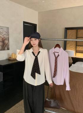 2026春季新款胖mm大码韩版气质显瘦设计感波点领结长袖衬衫女