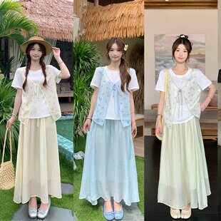 2026夏装新款胖mm大码女韩系蕾丝拼接假两件短袖半身裙显瘦套装