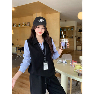 套装 胖MM显瘦高腰垂感阔腿裤 高级感休闲假两件针织马甲女秋季 大码