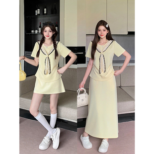 2026夏装新款胖mm大码女装法式休闲蕾丝披肩短袖长短款半身裙套装