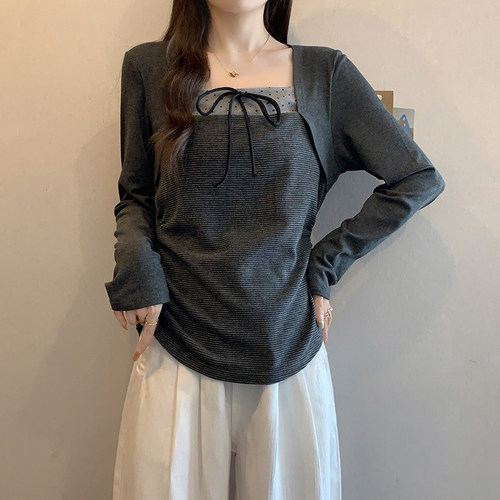 微胖2025春装新款胖mm显瘦大码女时尚纯欲蝴蝶结拼接内搭长袖上衣