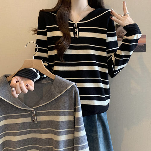 设计感海军领条纹长袖针织衫上衣大码女装微胖mm秋冬内搭毛衣