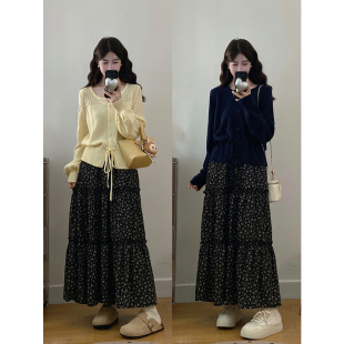 大码时尚套装女秋季2025新款圆领长袖针织衫胖MM碎花半身裙两件套