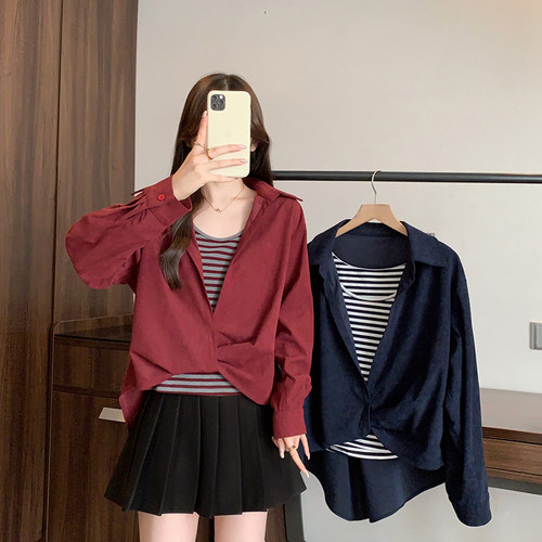 大码条纹背心别致长袖衬衫