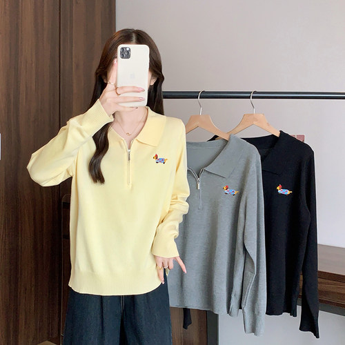 卡通刺绣长袖针织打底衫女秋季新款大码胖MM显瘦半拉链POLO领上衣