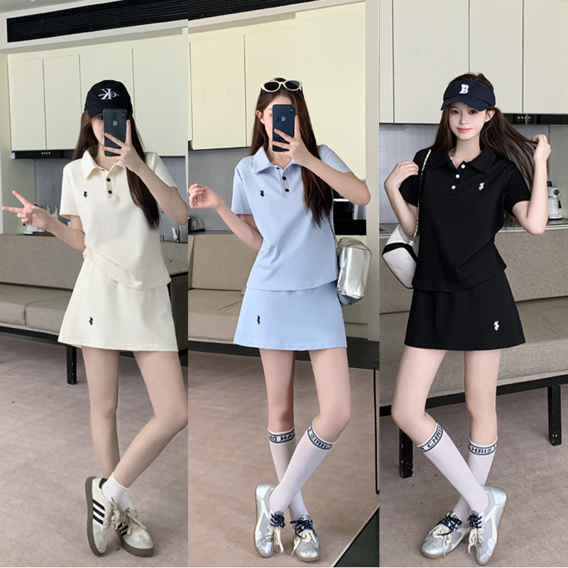 大码休闲时尚套装女夏季胖mm显瘦polo领短袖t恤上衣+裙裤两件套
