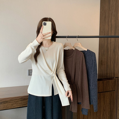 微胖2025秋冬新款胖mm大码女设计感圆领飘带加厚保暖内搭长袖上衣