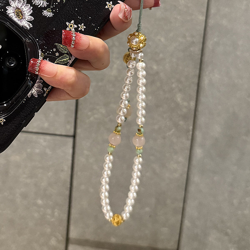 新款手机链高级新中式淡水珍珠加天然石防丢失手机挂绳国风纯手工珍珠