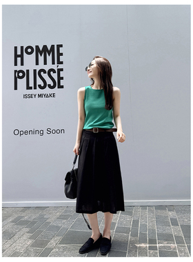 大奇TG天丝亚麻薄爽休闲中长百褶裙设计感休闲百搭气质显瘦高级感