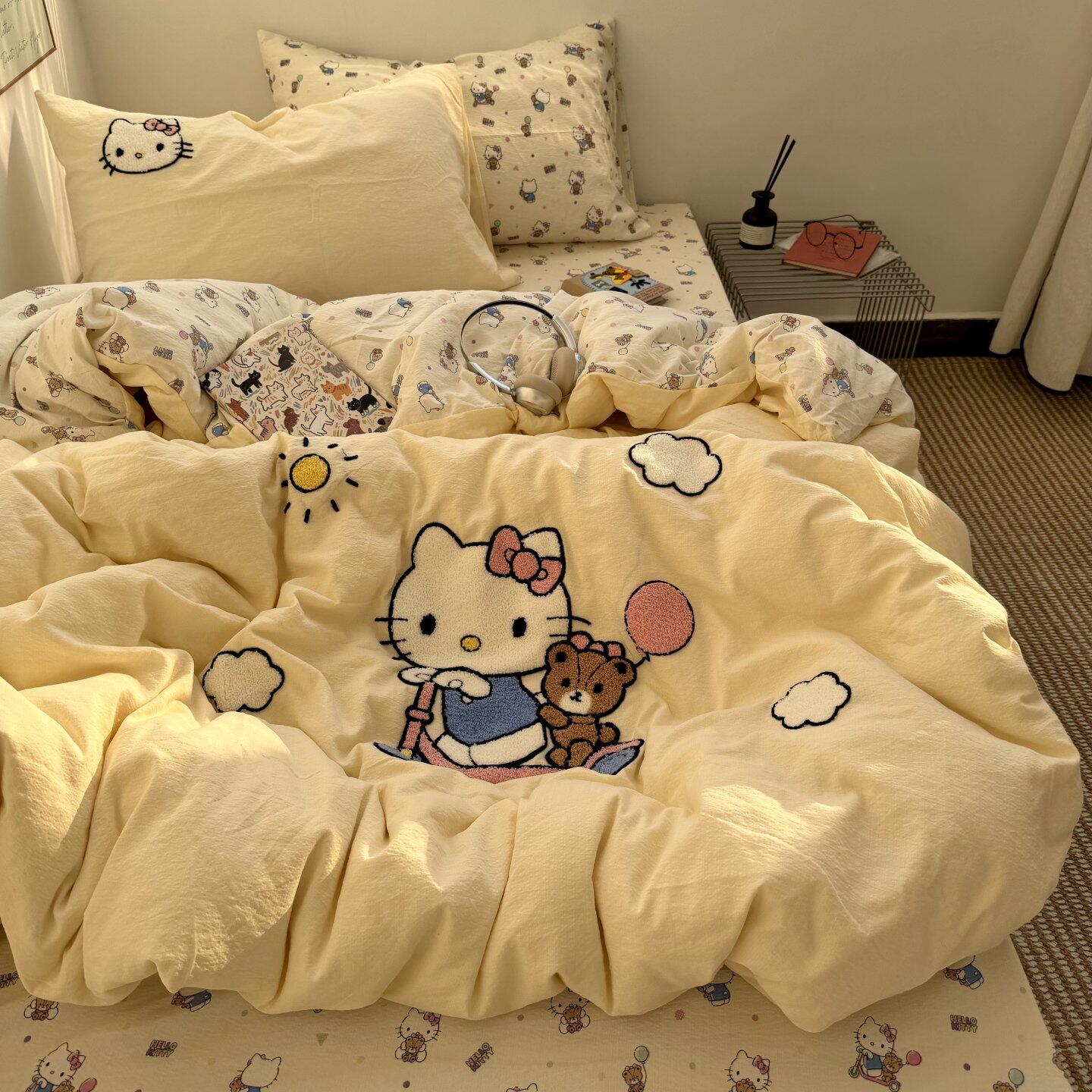 ins奶油黄可爱滑板kt毛巾绣水洗棉床单四件套纯棉被套全棉三件套
