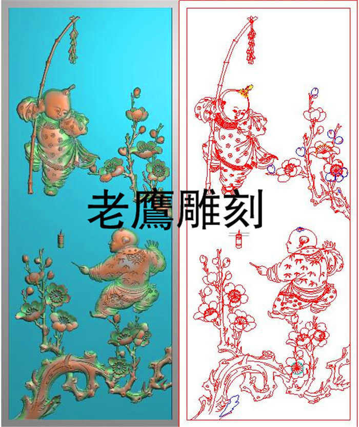 如意童子 背板精雕图如意沙发小孩靠背板浮雕图灰度图木雕雕刻图