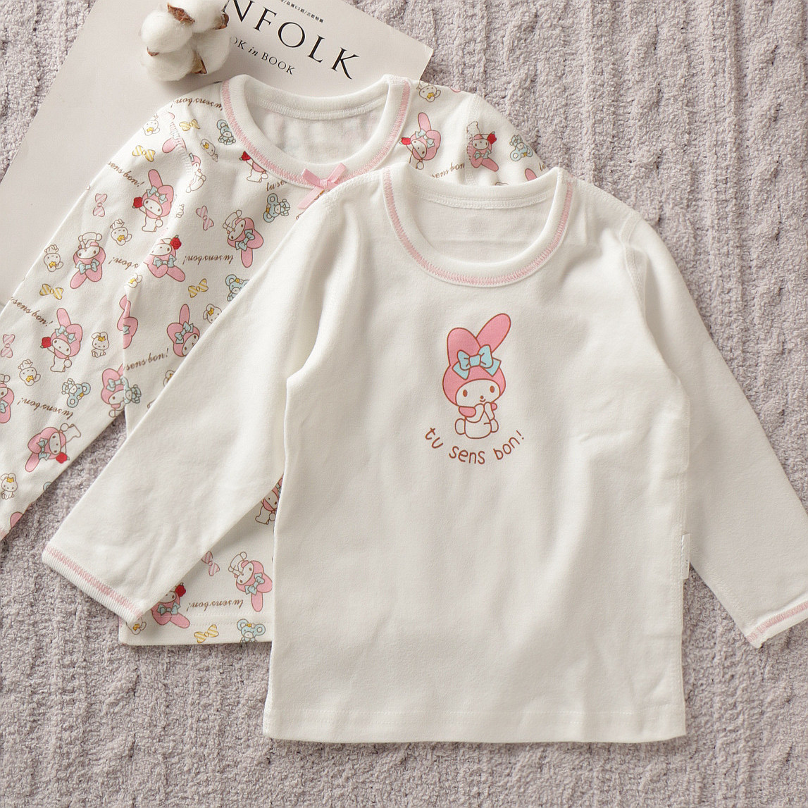 A类无骨缝全棉无荧光中小大女孩儿童公主宝宝内衣长袖秋衣折耳兔