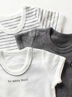 儿童夏装男童宝宝婴儿白色短袖t恤纯棉纯灰色条纹体恤中小童半袖